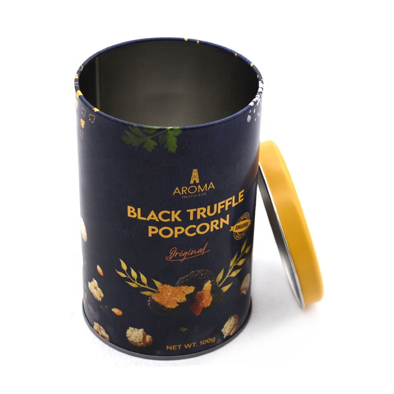 Round black metal popcorn tin can factory tin manufacturers